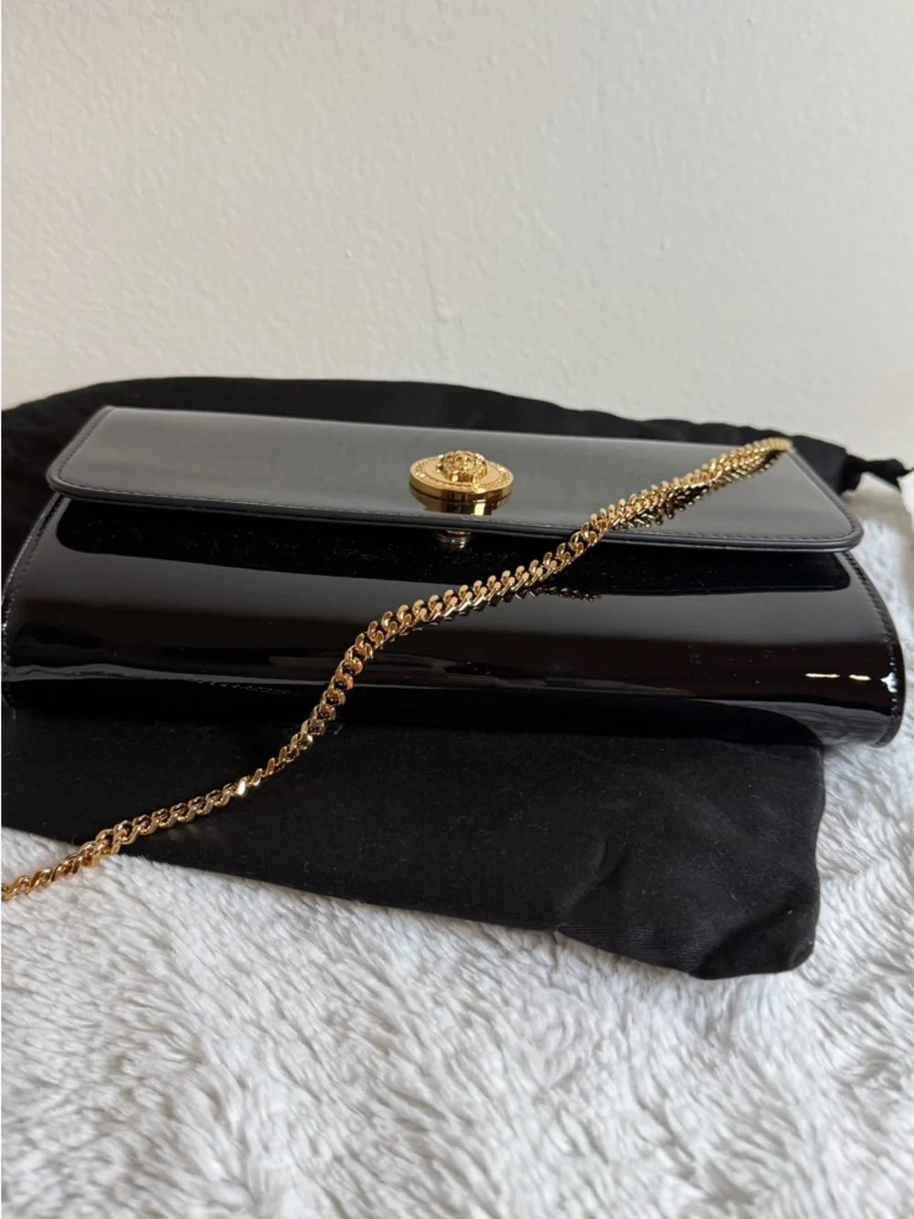 Versace Black Patent Leather Clutch on chain with Gold Medusa Button